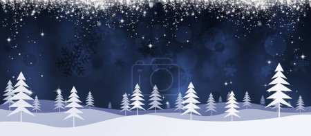 Foto de Navidad de vacaciones de invierno saludo colinas blancas y árboles decoración pancarta con luces brillantes nieve - Imagen libre de derechos