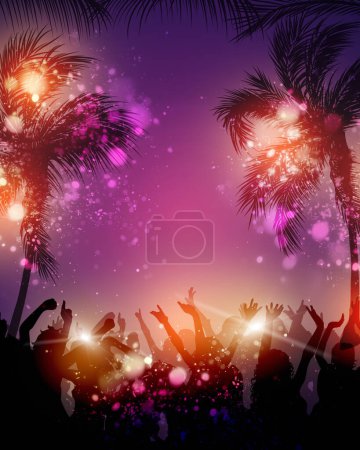 Téléchargez les photos : Techno party les gens s'amusent parmi les palmiers fête tropicale - en image libre de droit
