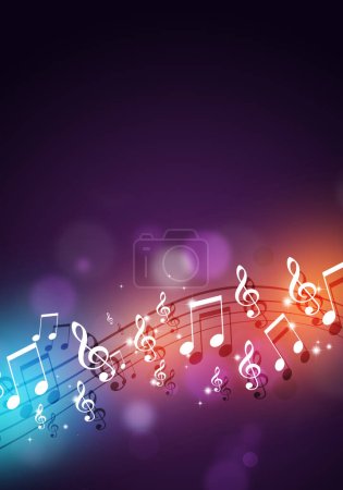 Retro neon bright music notes on dark background. for party music poster and flyers