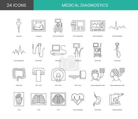 Téléchargez les illustrations : Diagnostic médical ensemble d'icônes de ligne dans le vecteur, illustration de matériel d'endoscopie, tomodensitométrie et électroencéphalogramme, lectrocardiographie et rayons X - en licence libre de droit