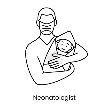 Ilustración de Línea de icono del neonatólogo en el vector, ilustración de un pediatra masculino sosteniendo a un bebé - Imagen libre de derechos