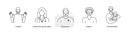 Illustration for A set of icons for a surgeon and neonatologist, a gynecologist and an obstetrician - Royalty Free Image