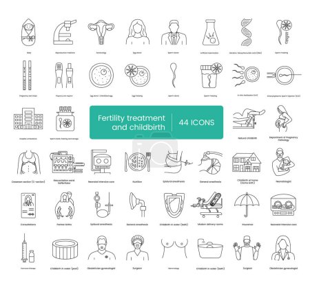 Illustration for Infertility treatment and childbirth set of line icons in vector, illustration, general and epidural anesthesia, natural birth and caesarean section, reproductive medicine and childbirth - Royalty Free Image