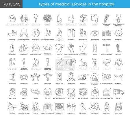 Illustration for Types of medical services in the hospital set of line icons in vector, illustration oncology and ophthalmology, traumatology and dentistry, surgery and urology, childbirth and plastic surgery - Royalty Free Image