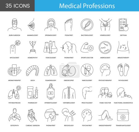Illustrazione per Professions in medicine a set of line icons in vector includes cardiac surgeon and andrologist, podiatrist and bacteriologist, pathologist and phoniatrist, reflexology and pulmonology, mammologist - Immagini Royalty Free