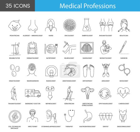 Illustration for Medical Professions set of line icons in vector includes nephrologist and neonatologist, neurosurgeon and neurologist, urologist and anesthesiologist, sexologist and gastroenterologist - Royalty Free Image