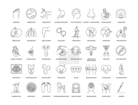 Ilustración de Professions in medicine a set of linear icons in vector includes - Imagen libre de derechos