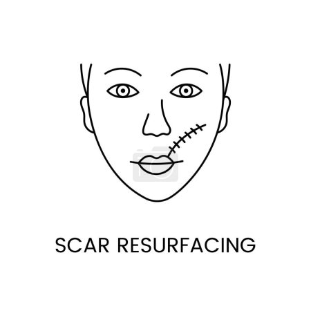 Illustration for Resurfacing, treatment of scars with the help of laser cosmetology, line icon in vector face of a woman with a scar. - Royalty Free Image