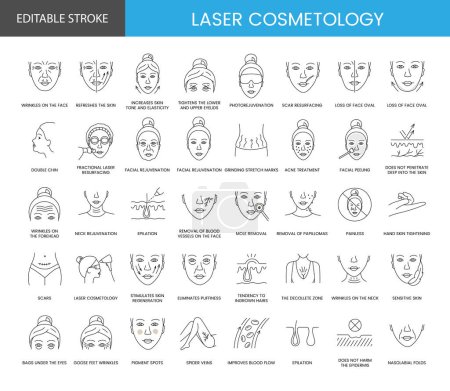 Illustration for Laser cosmetology set of line icons in vector, editable stroke. Illustration of face and body rejuvenation, removal of moles and scars, wrinkles on the face and the decollete zone, wrinkles forehead. - Royalty Free Image