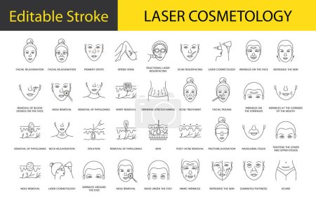 Illustration for Laser cosmetology line icon set in vector, illustration of facial rejuvenation and pigment spots, spider veins and scar resurfacing, acne treatment and wrinkles on the face, skin. editable stroke - Royalty Free Image