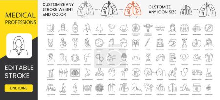 Illustration for Medical Professions line icon set includes beautician and venerologist, reflexology and aromatherapist, psychotherapist and podiatrist, andrologist and cardiac, surgeon. Editable Stroke - Royalty Free Image