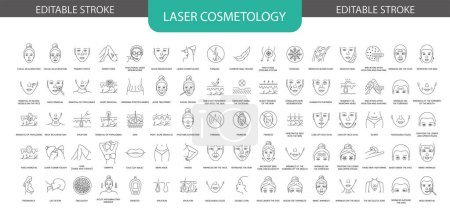 Illustration for Laser cosmetology line icon set in vector, illustration of grinding stretch marks, fractional laser resurfacing, facial rejuvenation and refreshes the skin, wrinkles on the face. editable stroke - Royalty Free Image