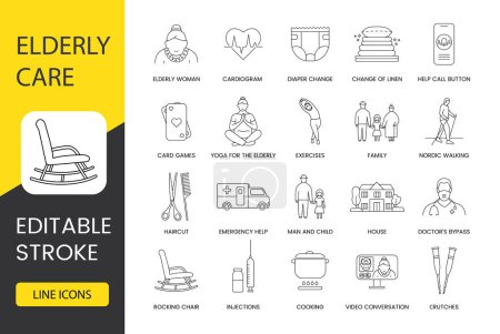 Care for the elderly in a nursing home set of line icons in vector, elderly woman and cardiogram, change of bed linen and diapers, cooking and drug injections. Editable stroke