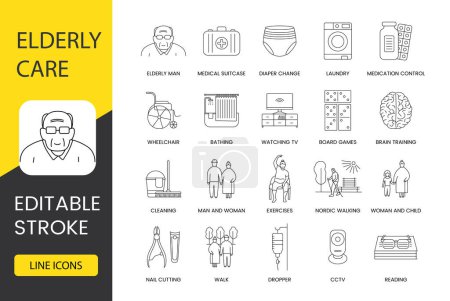 Elderly care in nursing home line icons set in vector, elderly man and medical suitcase, board games and medication control, diaper change and laundry, wheelchair and bathing. Editable stroke