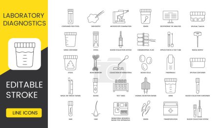 Illustration for Laboratory tests set line icons in vector, skin biopsy and microscope examination, stool and semen, blood collection system and applicator in a test tube, hair and blood. Editable stroke - Royalty Free Image
