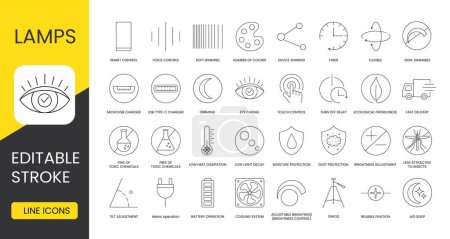 Illustration for Set of line icons in vector for lamp packaging, technical specifications illustration, voice control and smart control, soft dimming and number of colors, free of toxic chemicals. Editable stroke - Royalty Free Image