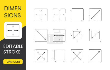 Illustration for Vector set of line icons representing dimensional sizes. Editable stroke - Royalty Free Image