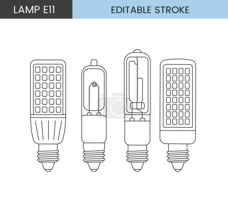 Ilustración de Conjunto de iconos de línea vectorial que representan lámparas con base E11. - Imagen libre de derechos