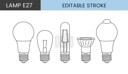 Ilustración de Conjunto de iconos de línea vectorial que representan lámparas con base E27 - Imagen libre de derechos