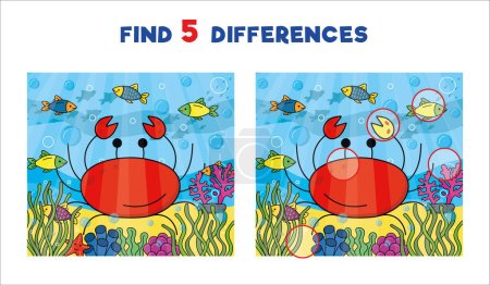 Encuentra cinco diferencias, ilustración vectorial para niños con un cangrejo en el agua, peces y corales.