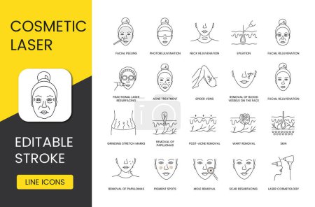 Illustration for Laser cosmetology icons set vector line, editable stroke, post-acne removal, wart removal, facial peeling, acne treatment, photorejuvenation, skin removal of papillomas, laser cosmetology, epilation. - Royalty Free Image