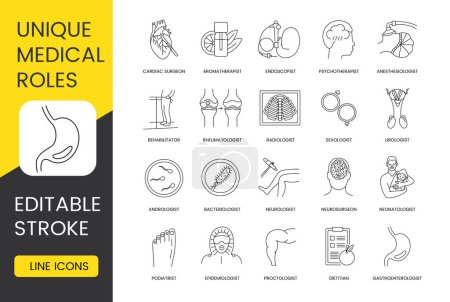 Illustration for Medical professions icon set in vector, unique medical roles, editable stroke neonatologist and neurosurgeon, neurologist and urologist, anesthesiologist and sexologist, proctologist and endoscopist - Royalty Free Image