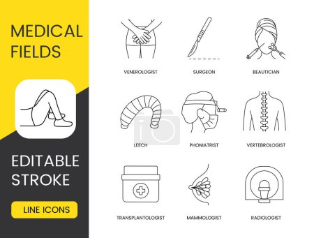 Illustration for Medical professions icon set in vector, medical fields editable stroke, leech and phoniatrist, radiologist and beautician surgeon and venereologist, vertebrologist and mammologist, transplantologist - Royalty Free Image