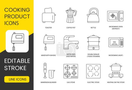 Illustration for Enhance your culinary skills with this set, microwave oven, defrost, kettle, coffee pot, toaster, heating options, double boiler steamer, water taps. Cooking product icons, editable stroke. - Royalty Free Image