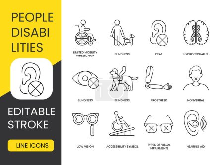 Illustration for Disabled people, vector line icons set with editable stroke, wheelchair and cane, guide dog, and hearing aid, sign language and blindness, deafness and autism, intellectual disability. - Royalty Free Image