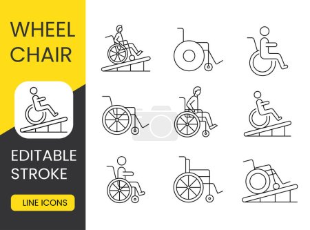 Illustration for People with disabilities, limited mobility people in a wheelchair, line icons set vector editable stroke. - Royalty Free Image