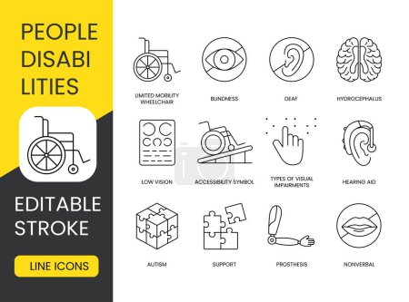 Illustration for Disabled people, vector line icon set with editable stroke, person in wheelchair and blindness, hearing loss and deafness, hydrocephalus and autism, prosthesis and mute, low vision. - Royalty Free Image