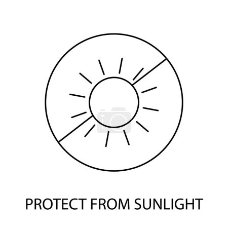 Illustration for Keep away from sunlight vector line icon for food packaging, illustration of sun in crossed out circle. - Royalty Free Image