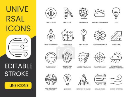Illustration for Universal Icons Set with Editable Stroke, Ease of Setup and Quick Start, Easy Configuration and Cloud Services, Ideas or Creativity, Universality and Compatibility, Speed or Progress, Target. - Royalty Free Image