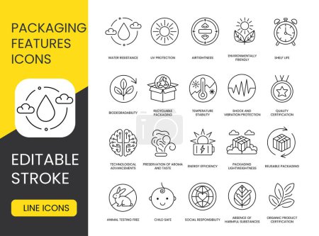 Illustration for Packaging Features Line Icons Set in Vector, Environmentally Friendly Packaging and UV Protection, Shelf Life or Freshness Guarantee and Airtightness, Water Resistance, Shock and Vibration Protection. - Royalty Free Image