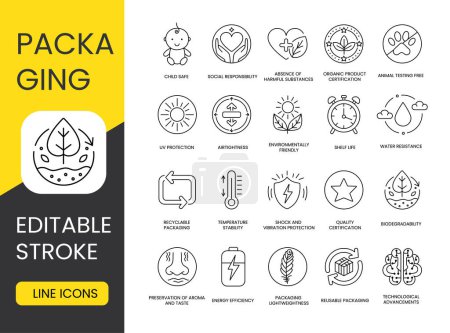 Illustration for Packaging Features Line Icons Set in Vector with Editable Stroke, Environmentally Friendly Packaging and UV Protection, Shelf Life or Freshness Guarantee and Airtightness, Water Resistance and Shock. - Royalty Free Image