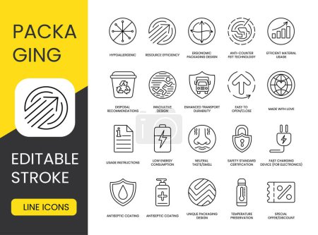 Packaging icon set with editable stroke, Anti-counterfeiting technology and Resource efficiency, Efficient material usage and Ergonomic packaging design, Hypoallergenicity and Easy to open or close.