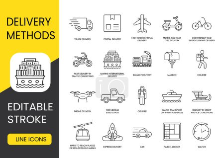 Types and methods of delivery line icons set with editable stroke, Scooter and Bicycle, Motorcycle and Pickup truck, Truck and Train, Airplane and Ship, Sled and Drone, Rocket and Cable car, Courie.