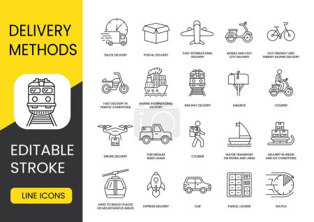 Types and methods of delivery line icons set with editable stroke, Scooter and Bicycle, Motorcycle and Pickup truck, Truck and Train, Airplane and Ship, Sled and Drone, Rocket and Cable car, Courie.
