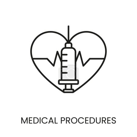 Procedimientos médicos corazón y jeringa línea vector icono con accidente cerebrovascular editable.