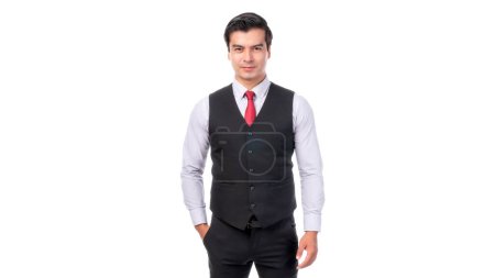 Foto de Retrato de trabajo asiático negocio guapo traje de hombre de la vajilla de pie sobre fondo blanco con espacio de copia - concepto de negocio - Imagen libre de derechos