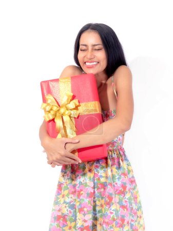 Photo for Portrait beautiful Asian young woman , thai woman  , Cute teenage female feeling happily and hugging gift box received as a birthday present on white background - Royalty Free Image