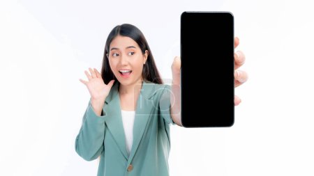 Photo for Beautiful Asian young woman ,Excited surprised girl showing smart phone with blank screen , black screen for Mobile App Advertising isolated on white background , smart phone display Mock Up Image - Royalty Free Image