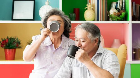 Téléchargez les photos : Couple sénior heureux sourire visage, vieil homme et femme sénior se détendre sur le salon en buvant du café le matin - style de vie couple amoureux sénior concept sain - en image libre de droit