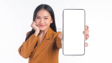 Photo for Beautiful Asian young woman ,Excited surprised girl showing smart phone with blank screen , white screen for Mobile App Advertising isolated on white background , smart phone display Mock Up Image - Royalty Free Image