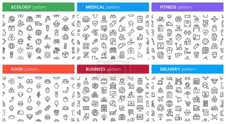 Big set Seamless pattern with icons. Ecology, Medical, Fitness, Food, Business, Delivery. Big set Icons collection. Outline icons collection