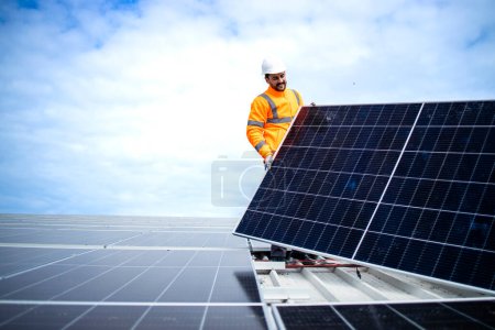 Process of solar panel installation in sustainable energy power plant.
