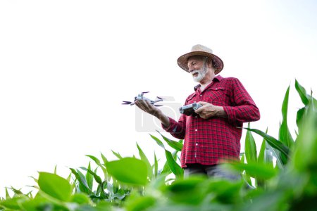 Photo for Senior farmer holding agricultural drone and standing in the field. - Royalty Free Image
