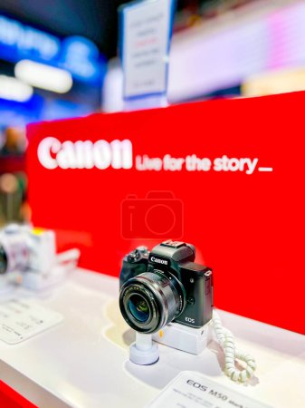 Photo for Tel Aviv, israel, February 4, 2023. sale from the Canon M50 camera window. Red showcase with Canon logo - Royalty Free Image