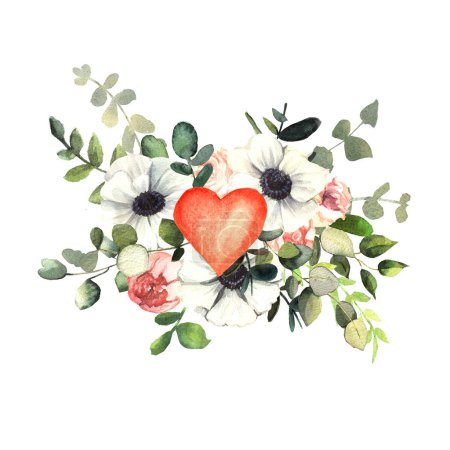 Téléchargez les photos : Coeur fait de roses rouges. composition florale, aquarelle - en image libre de droit