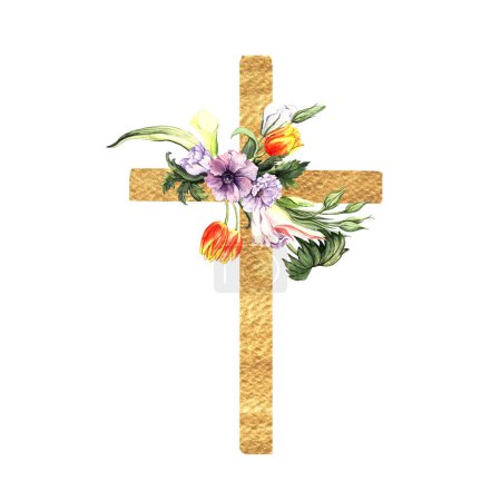 Téléchargez les photos : Illustration aquarelle Croix de Pâques avec fleurs. Idéal pour les cartes, impressions, produits souverains et imprimés. - en image libre de droit